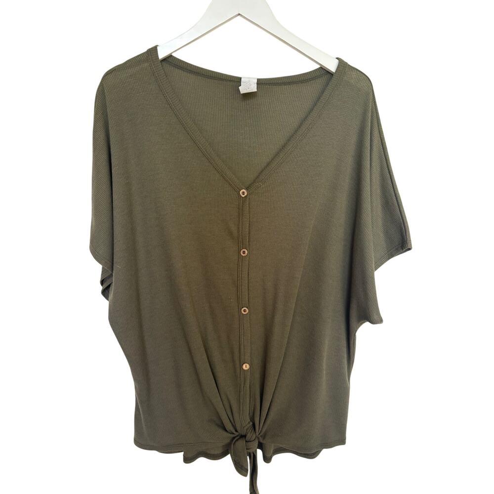 Waffle Knit Button Tie Front Top - Large